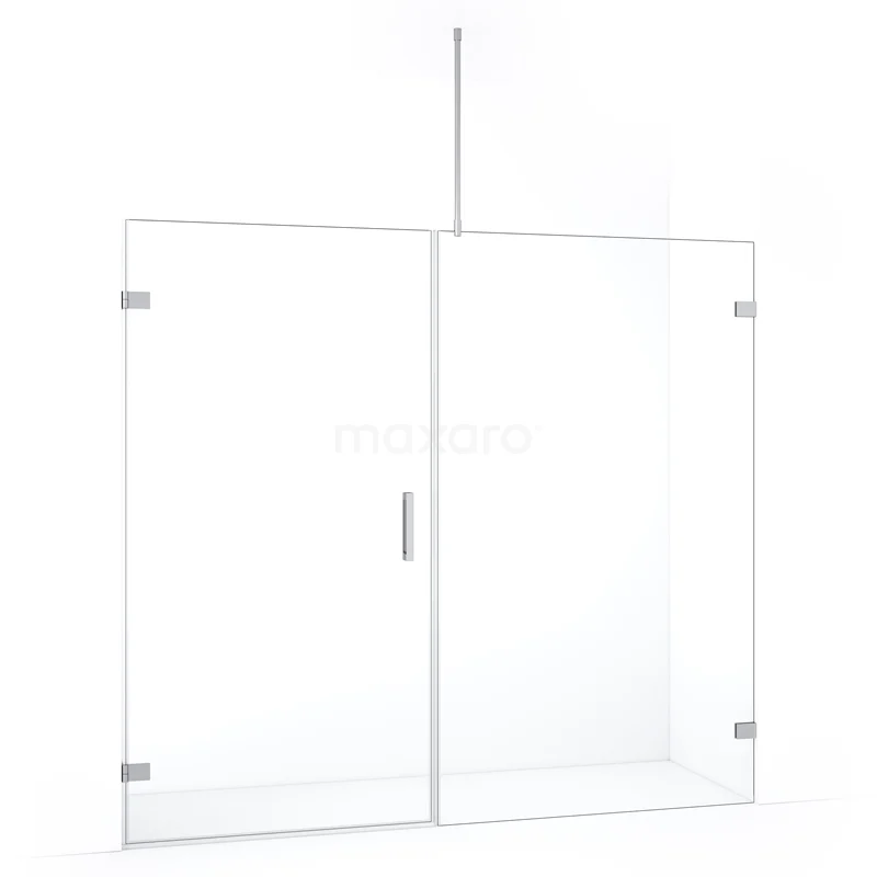 Helder glazen douchewand met scharnierende deur, roestvrijstalen accenten en minimalistisch design, ideaal voor moderne badkamers.
