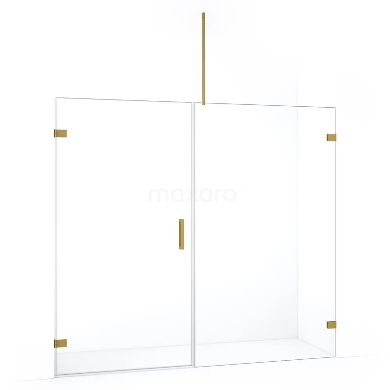 Doorzichtige glazen douchewand met gouden details, strak design, ideaal voor een moderne badkamer.