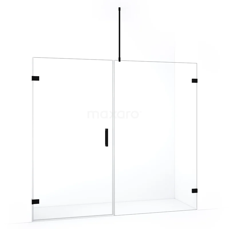 Glazen douchewand met deurscharnieren, heldere glasafwerking, zwarte accenten en minimalistisch design voor een moderne badkamer.
