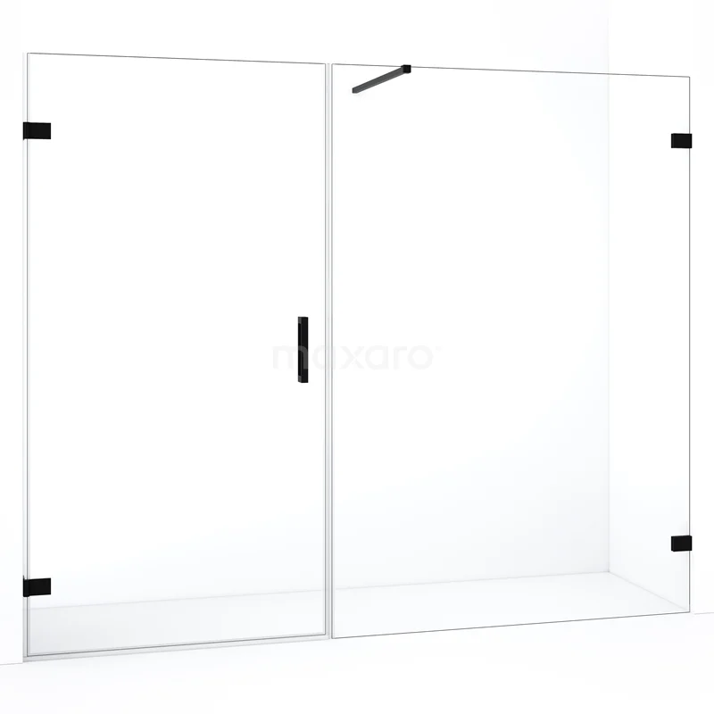 Douchewand van helder glas met zwarte scharnieren en handgreep, moderne uitstraling, perfect voor een stijlvolle badkamer.