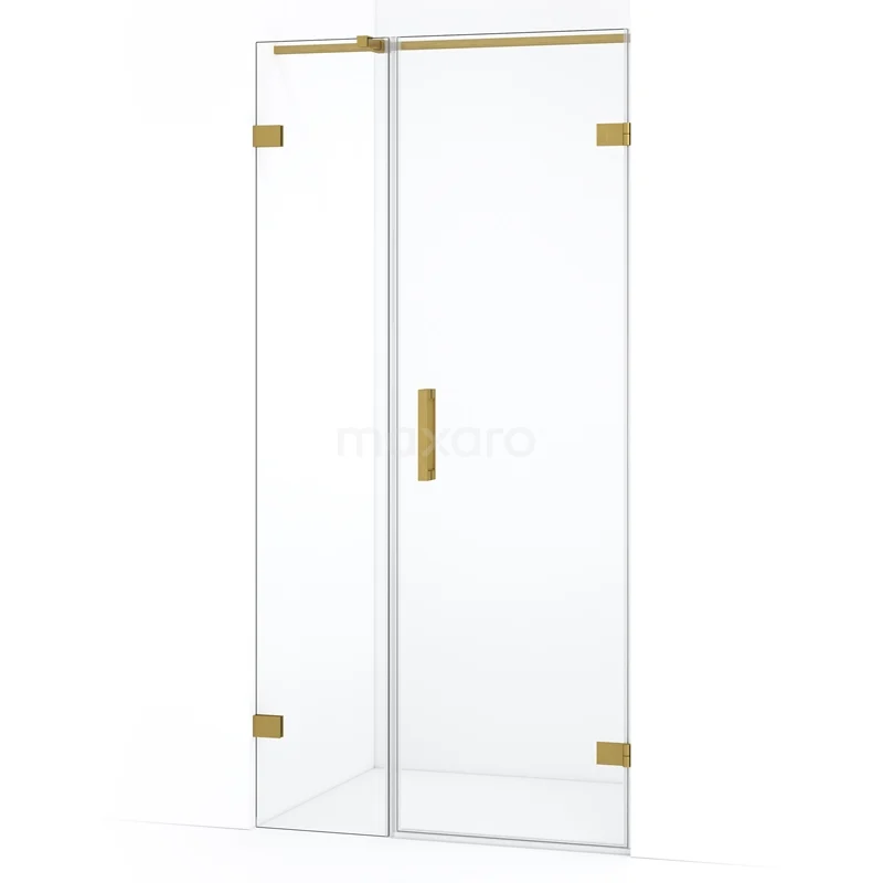 Glazen douchecabine met goudkleurige scharnieren en handgreep, ideaal voor een moderne badkamer stijl en luxe uitstraling.