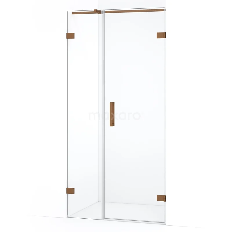 Douchedeur met helder glas, messing scharnieren en handgreep, modern design voor een stijlvolle badkamer.