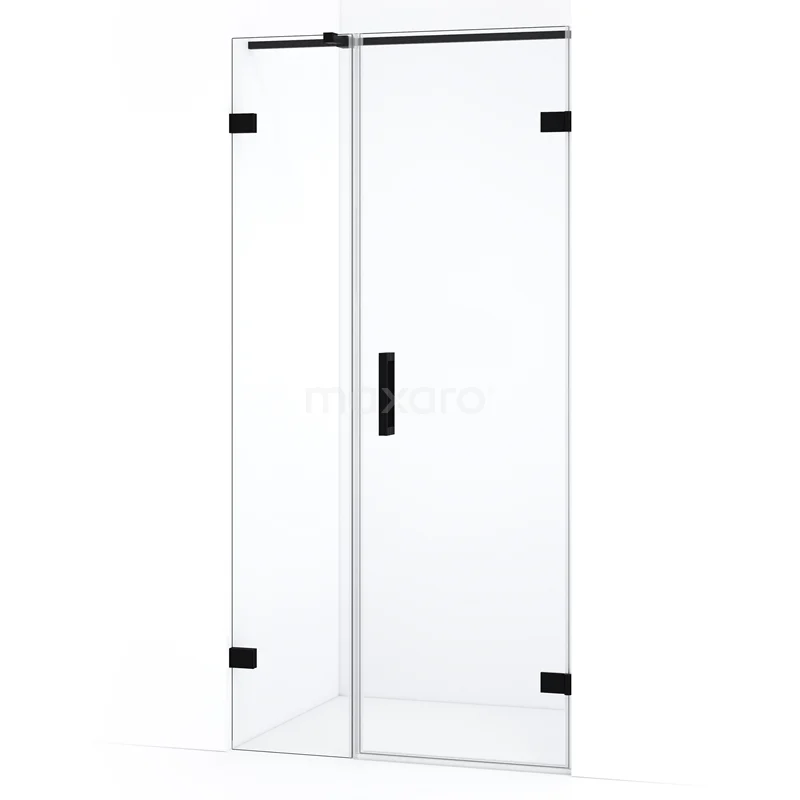 Douchedeur met helder glas, zwart profiel en scharnieren, moderne uitstraling voor stijlvolle badkamerinrichting.