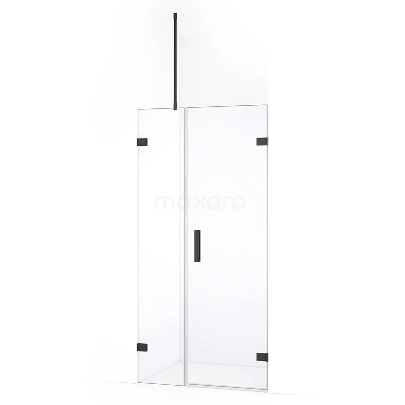Glazen douchedeur met zwarte scharnieren en handgreep, moderne stijl, ideaal voor een strakke en minimalistische badkamer.