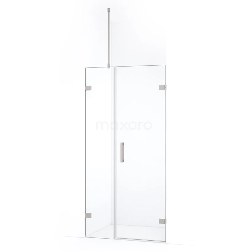 Glazen douchedeur met scharnieren, helder glas, minimalistisch design, perfect voor een moderne badkamer.