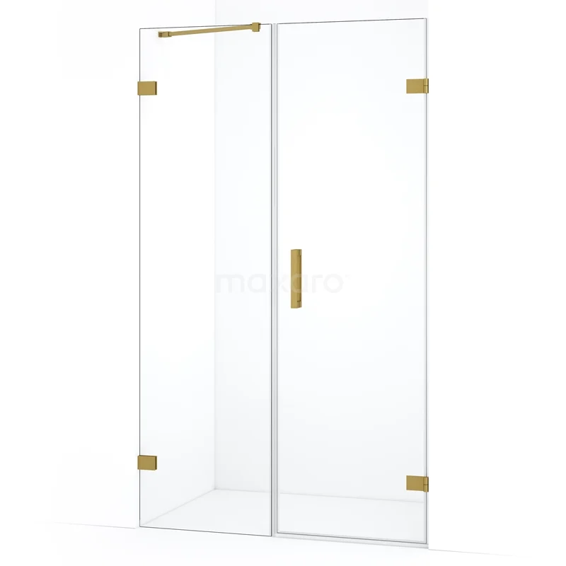 Glazen douchedeur met goudkleurige scharnieren en handgreep, luxe badkamerdesign, geschikt voor moderne interieurstijlen.