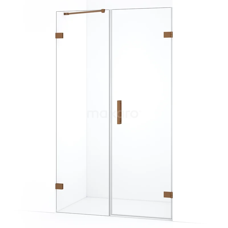 Glazen douchedeur met goudkleurige scharnieren en handgreep, stijlvol design voor moderne badkamers.