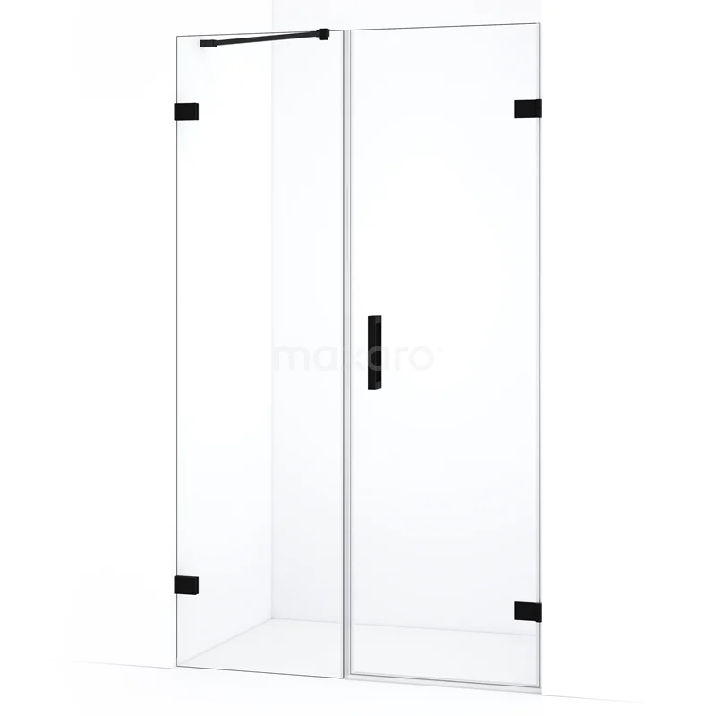 Glazen douchedeur met matzwart frame, strak design, geschikt voor een moderne badkamer.