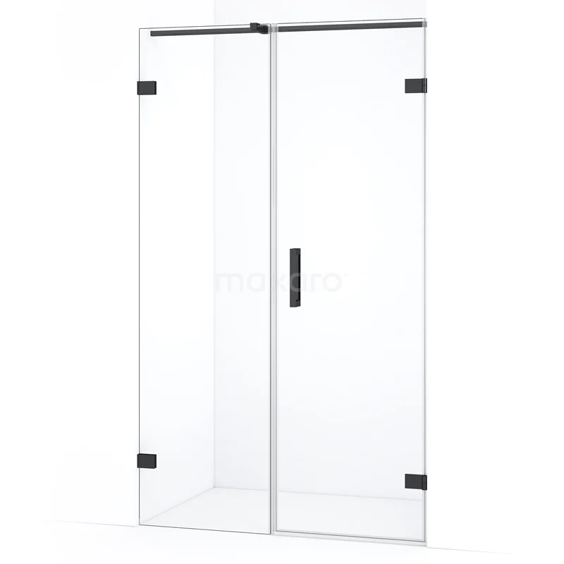 Glazen douchedeur met scharnieren, transparant, rechthoekig ontwerp, matzwart frame, ideaal voor een moderne badkamer.
