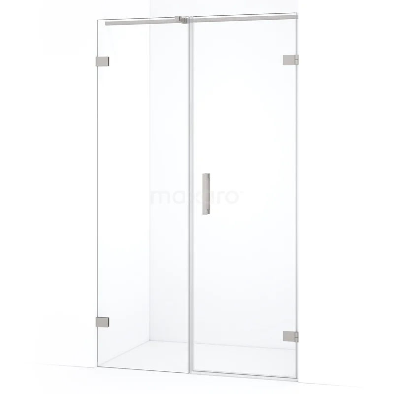 Glazen douchedeur met scharnieren, transparant ontwerp, rechthoekig, met roestvrijstalen handgreep, ideaal voor moderne badkamers.