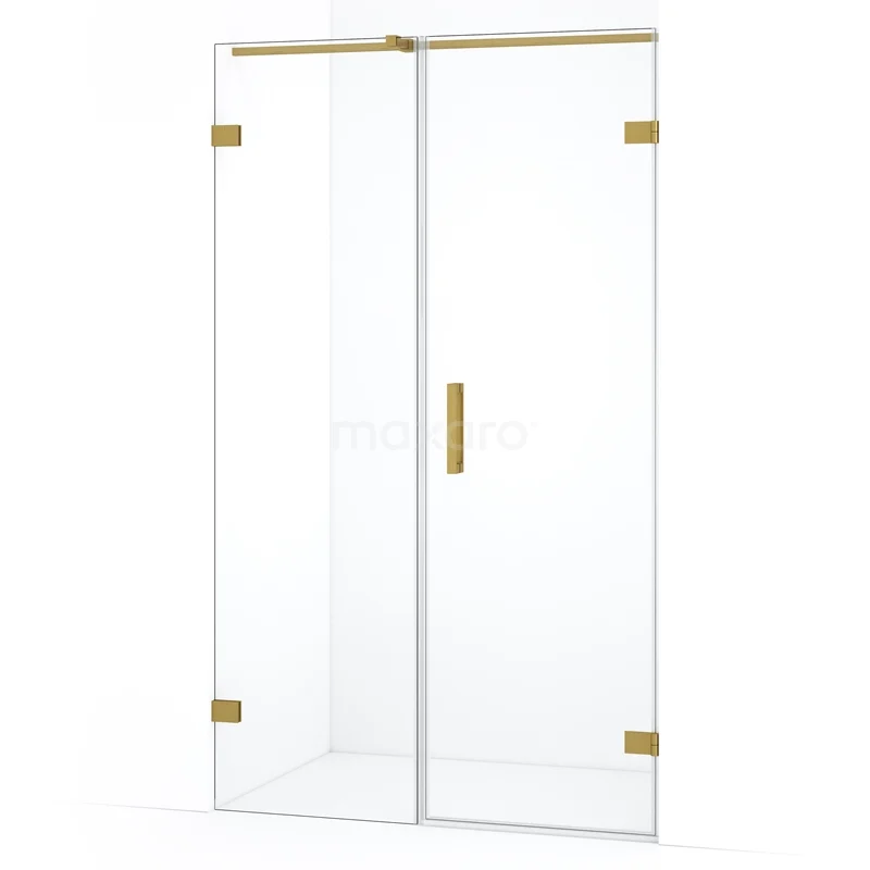 Glazen douchedeur met goudkleurige scharnieren en handgreep, strak design voor een moderne badkamer.