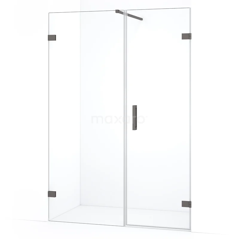 Glazen douchewand met deur, helder veiligheidsglas, zwart metalen scharnieren, strak ontwerp, ideaal voor moderne badkamers.