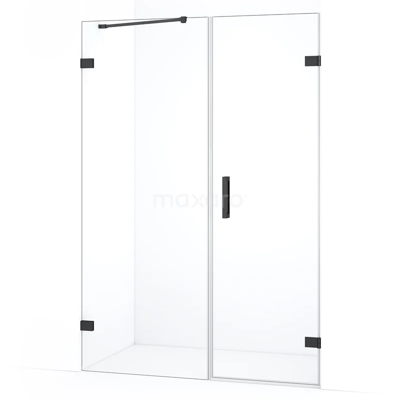 Glazen douchedeur met zwarte scharnieren, minimalistisch design en stevige handgreep, perfect voor een moderne badkamer.