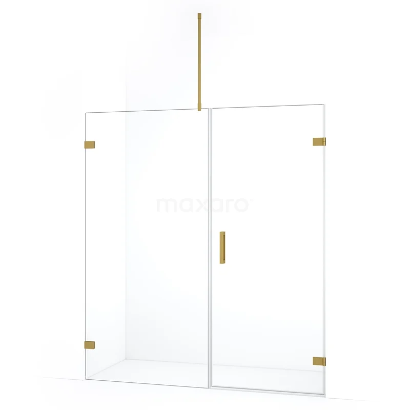 Glass shower screen with door, gold-coloured hinges and handle, stylish addition to modern bathrooms.