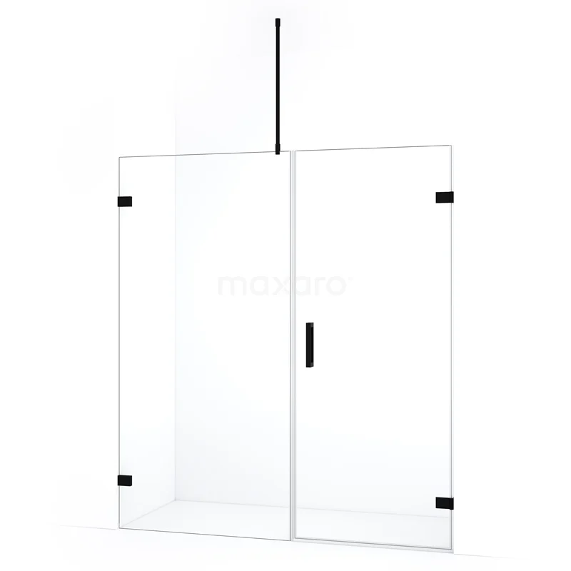 Glass shower screen with matte black accents, sleek design, ideal for modern bathrooms.