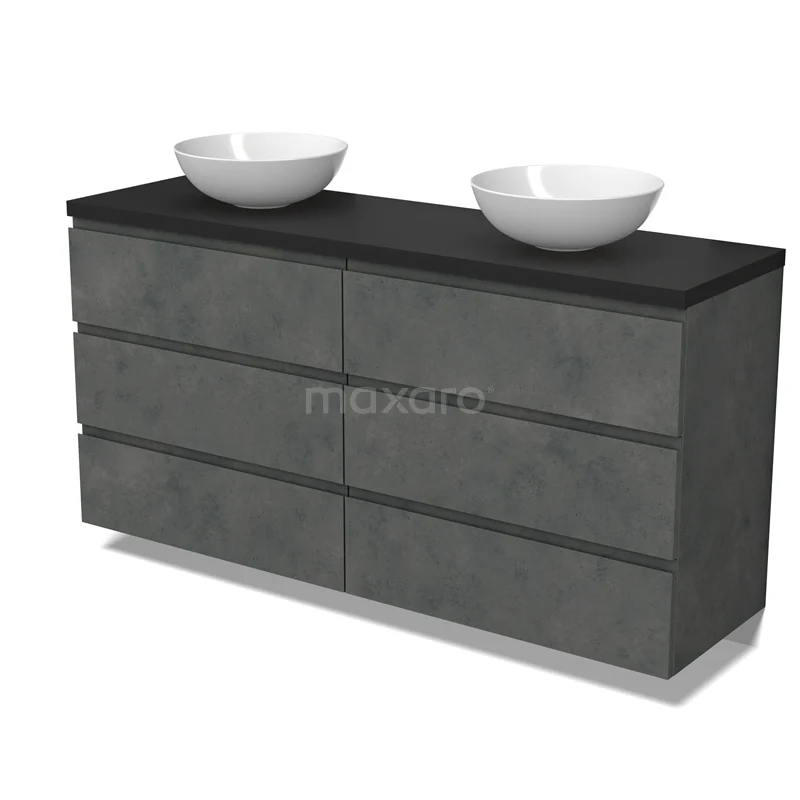Modulo Plato Vanity units for countertop basin | 160 cm Dark grey concrete Handle-less front Matte black worktop 6 drawers BMK20-00280