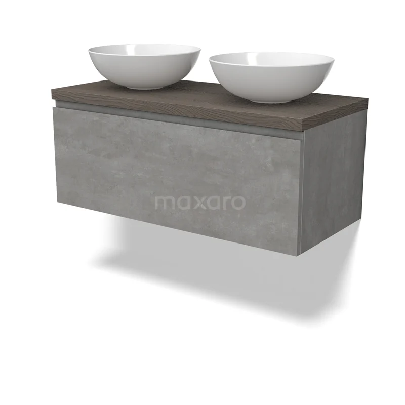 Modulo Plato Vanity units for countertop basin | 100 cm Light grey concrete Handle-less front Dark brown oak worktop 1 drawer BMK11-02869