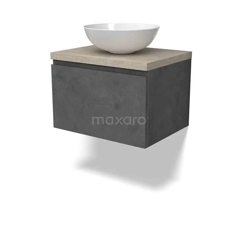 Modulo Plato Vanity units for countertop basin | 60 cm Dark grey concrete Handle-less front Light grey oak worktop 1 drawer BMK11-02900