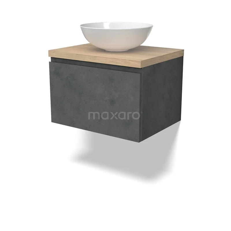 Modulo Plato Vanity units for countertop basin | 60 cm Dark grey concrete Handle-less front Light brown oak worktop 1 drawer BMK11-02901