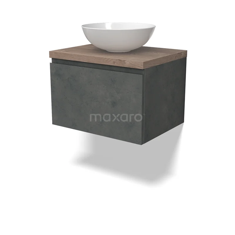 Modulo Plato Vanity units for countertop basin | 60 cm Dark grey concrete Handle-less front Mid brown oak worktop 1 drawer BMK11-02902