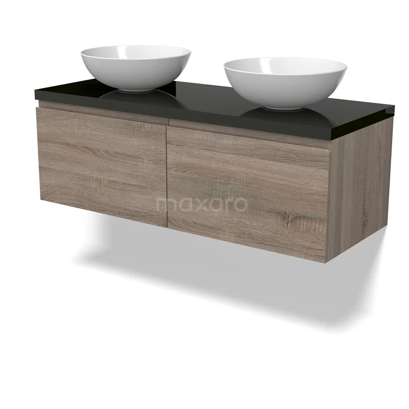 Modulo Plato Badmöbel mit Aufsatzwaschbecken | 120 cm Eiche Grifflos front Hochglanz Schwarz blatt 2 nebeneinanderliegende Schubladen BMK12-01793 Modulo Plato Badmöbel mit Aufsatzwaschbecken | 120 cm Eiche Grifflos front Hochglanz Schwarz blatt 2 nebeneinanderliegende Schubladen BMK12-01793