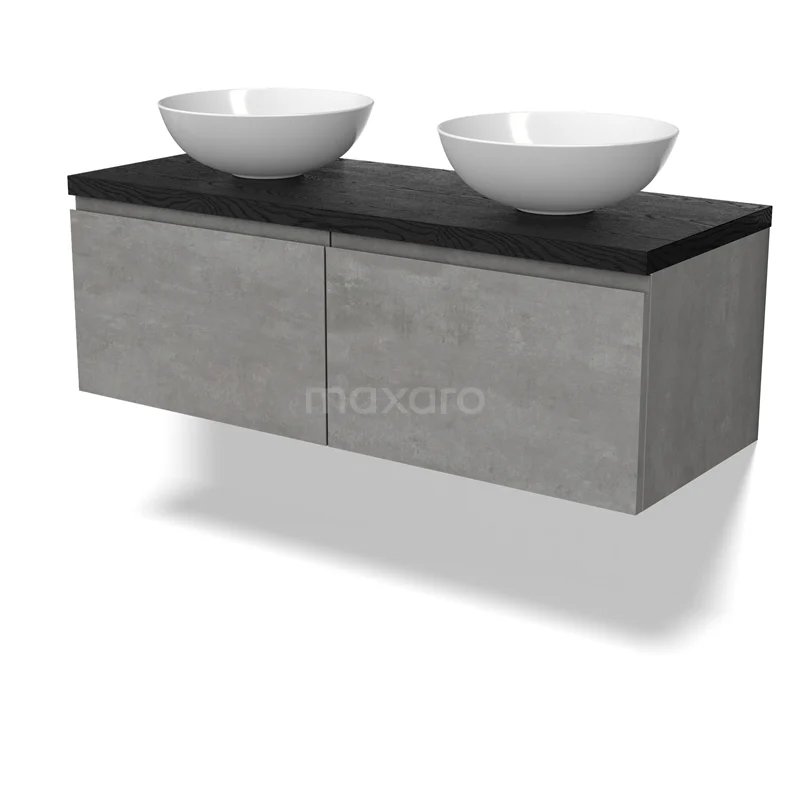 Modulo Plato Vanity units for countertop basin | 120 cm Light grey concrete Handle-less front Black oak worktop 2 Side-by-side drawers BMK12-01851