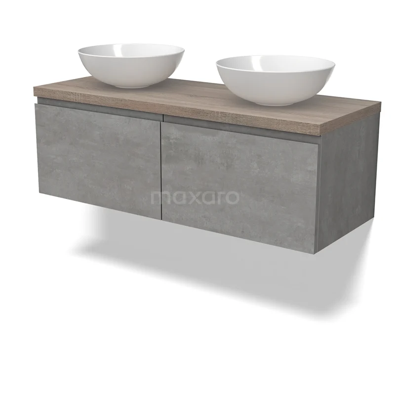 Modulo Plato Vanity units for countertop basin | 120 cm Light grey concrete Handle-less front Oak worktop 2 Side-by-side drawers BMK12-01852