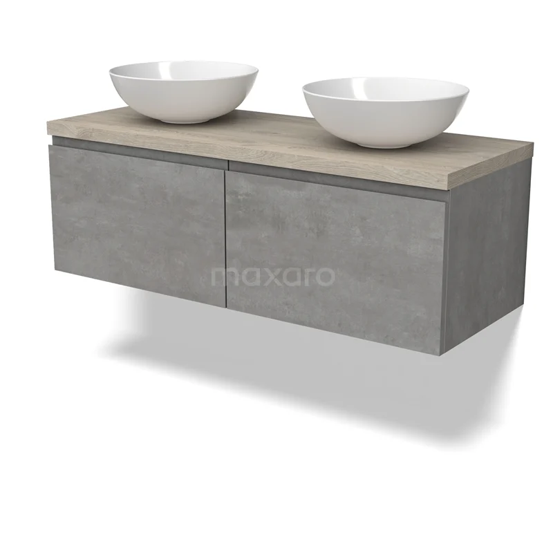 Modulo Plato Vanity units for countertop basin | 120 cm Light grey concrete Handle-less front Light grey oak worktop 2 Side-by-side drawers BMK12-01853