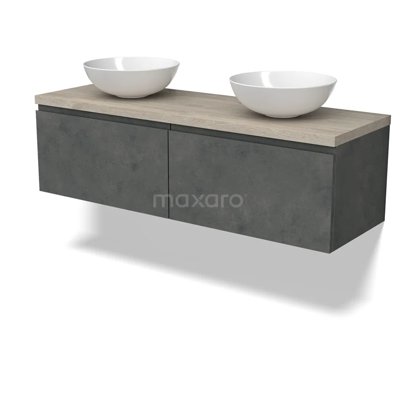 Modulo Plato Vanity units for countertop basin | 140 cm Dark grey concrete Handle-less front Light grey oak worktop 2 Side-by-side drawers BMK12-01923