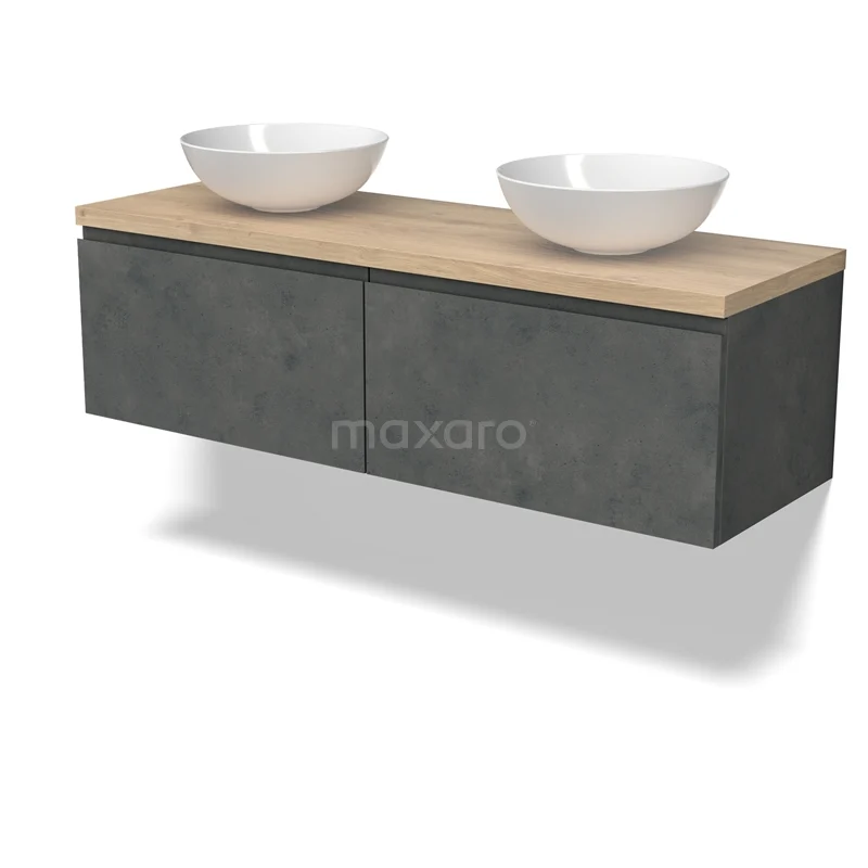 Modulo Plato Vanity units for countertop basin | 140 cm Dark grey concrete Handle-less front Light brown oak worktop 2 Side-by-side drawers BMK12-01924