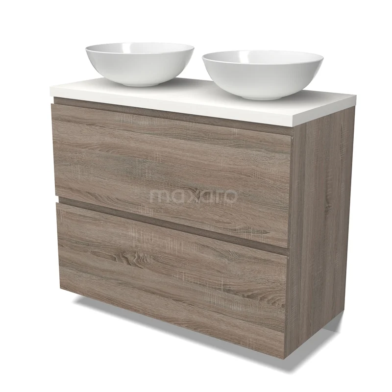 Modulo Plato Vanity units for countertop basin | 100 cm Oak Handle-less front Matte white worktop 2 stacked drawers under each other BMK13-01002