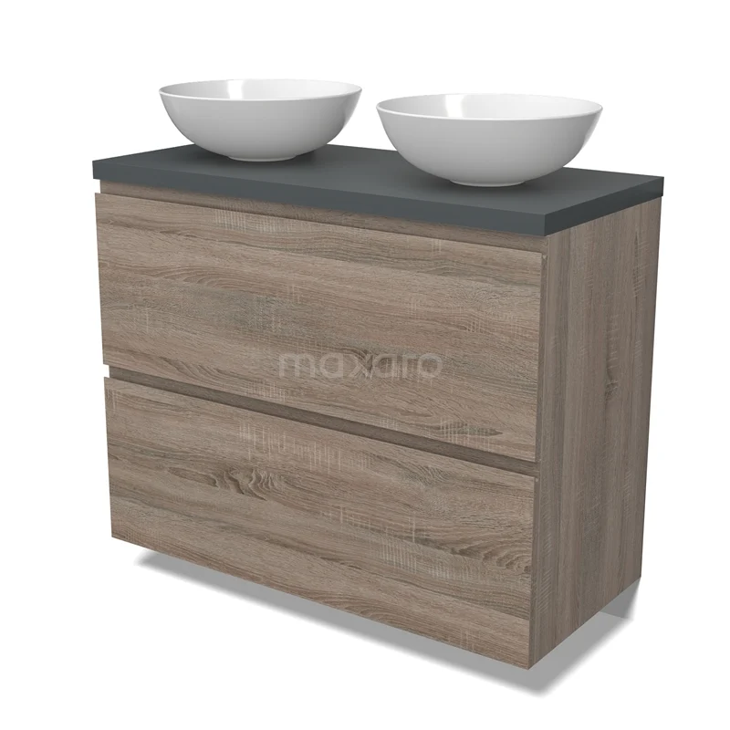 Modulo Plato Vanity units for countertop basin | 100 cm Oak Handle-less front Dark grey worktop 2 stacked drawers under each other BMK13-01003