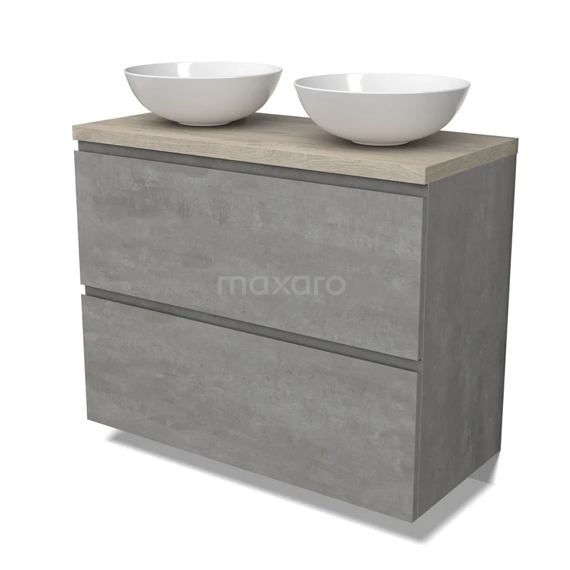 Modulo Plato Vanity units for countertop basin | 100 cm Light grey concrete Handle-less front Light grey oak worktop 2 stacked drawers under each other BMK13-01042