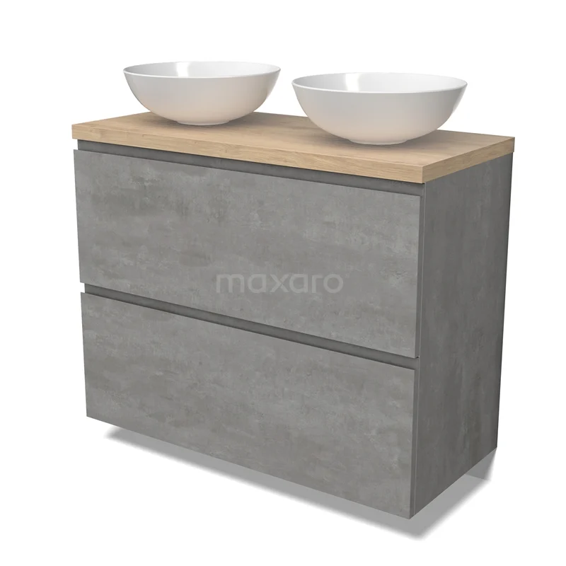 Modulo Plato Vanity units for countertop basin | 100 cm Light grey concrete Handle-less front Light brown oak worktop 2 stacked drawers under each other BMK13-01043