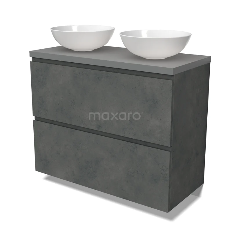 Modulo Plato Vanity units for countertop basin | 100 cm Dark grey concrete Handle-less front Mid grey worktop 2 stacked drawers under each other BMK13-01068