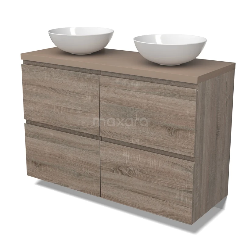 Modulo Plato Vanity units for countertop basin | 120 cm Oak Handle-less front Taupe worktop 4 high drawers BMK14-00737