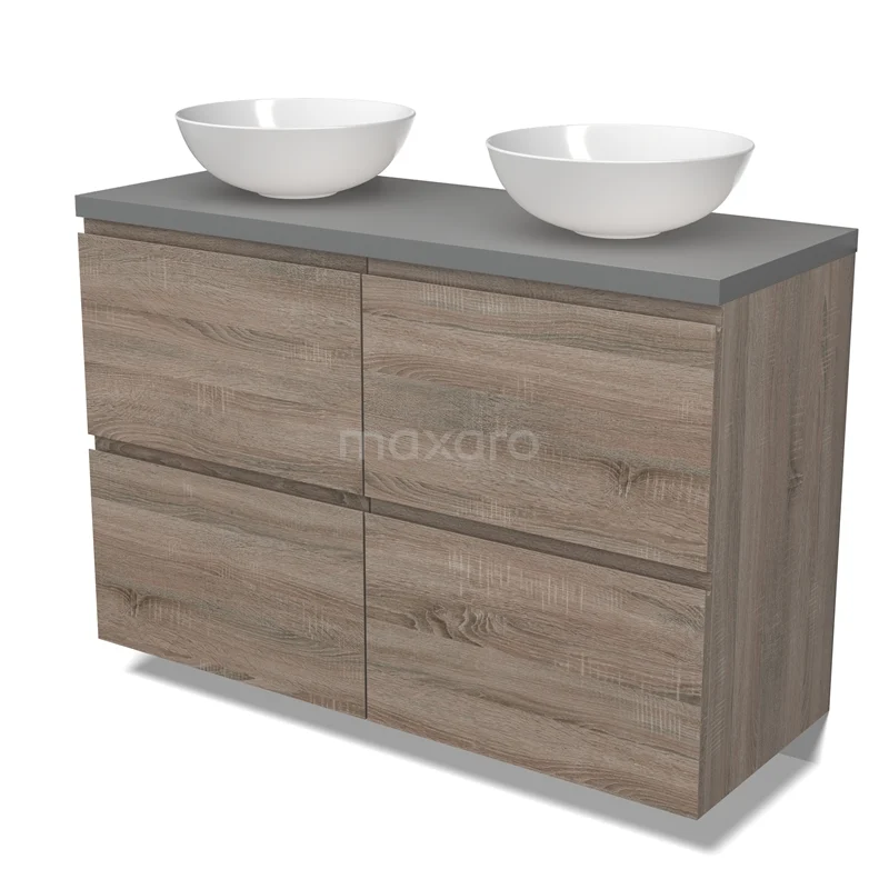 Modulo Plato Vanity units for countertop basin | 120 cm Oak Handle-less front Mid grey worktop 4 high drawers BMK14-00738