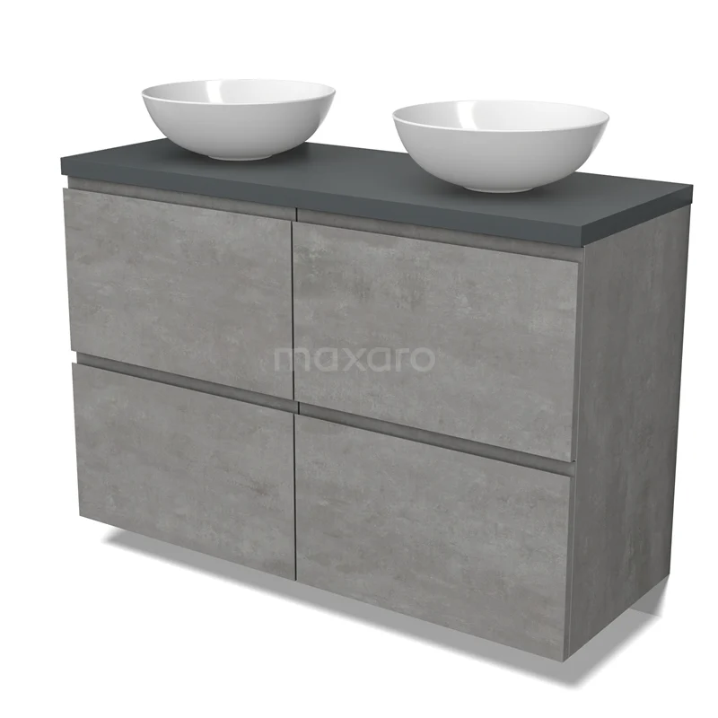 Modulo Plato Vanity units for countertop basin | 120 cm Light grey concrete Handle-less front Dark grey worktop 4 high drawers BMK14-00775
