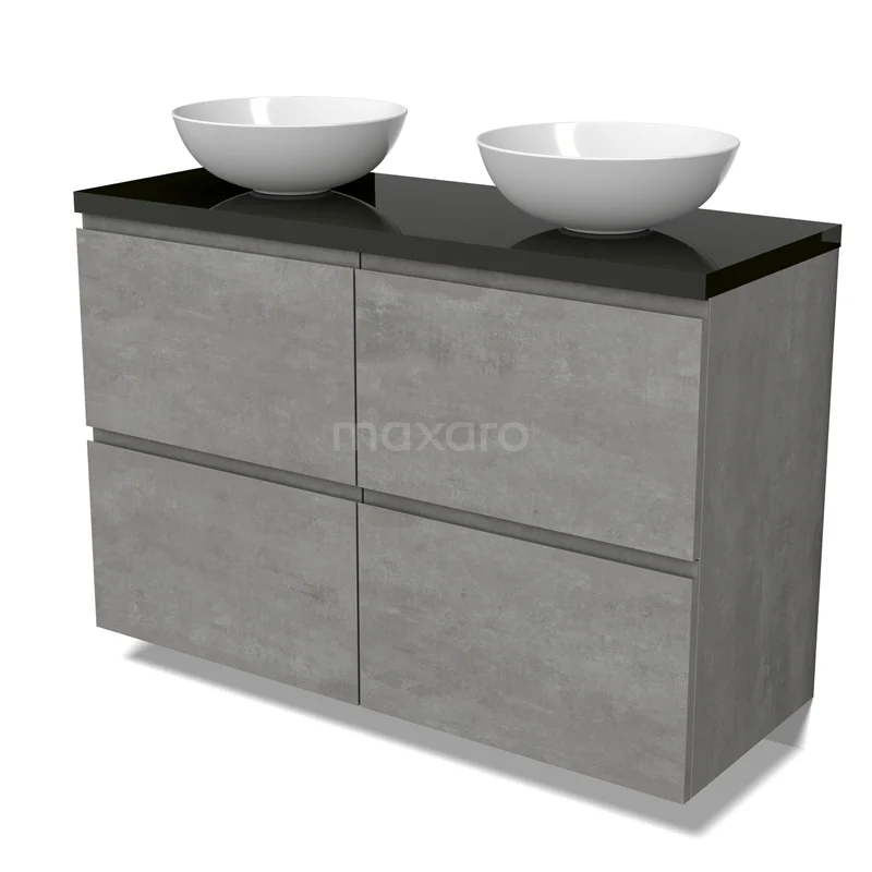 Modulo Plato Vanity units for countertop basin | 120 cm Light grey concrete Handle-less front High-gloss black worktop 4 high drawers BMK14-00776