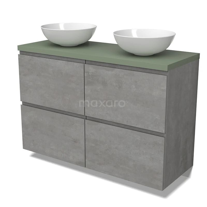 Modulo Plato Vanity units for countertop basin | 120 cm Light grey concrete Handle-less front Sage green worktop 4 high drawers BMK14-00777