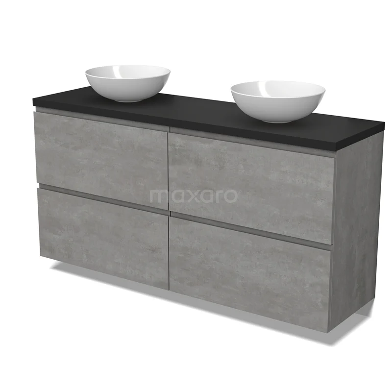 Modulo Plato Badmöbel mit Aufsatzwaschbecken | 160 cm Hellgrauer Beton Grifflos front Matt Schwarz blatt 4 hohe Schubladen BMK14-00787 Modulo Plato Badmöbel mit Aufsatzwaschbecken | 160 cm Hellgrauer Beton Grifflos front Matt Schwarz blatt 4 hohe Schubladen BMK14-00787