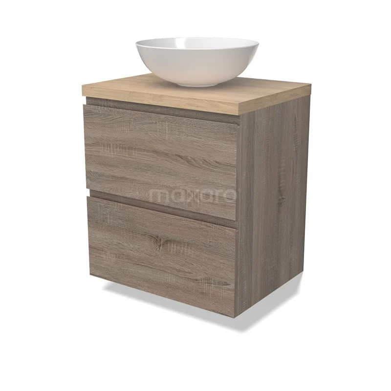 Modulo Plato Vanity units for countertop basin | 60 cm Oak Handle-less front Light brown oak worktop 2 Stacked drawers BMK17-02776