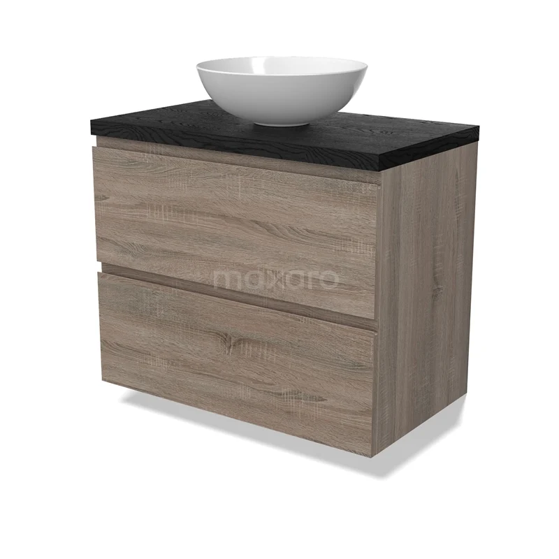 Modulo Plato Vanity units for countertop basin | 80 cm Oak Handle-less front Black oak worktop 2 Stacked drawers BMK17-02790