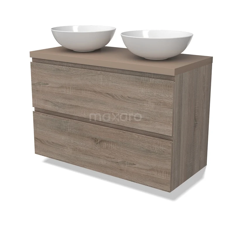 Modulo Plato Vanity units for countertop basin | 100 cm Oak Handle-less front Taupe worktop 2 Stacked drawers BMK17-02800