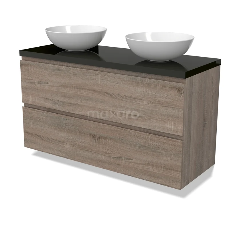 Modulo Plato Vanity units for countertop basin | 120 cm Oak Handle-less front High-gloss black worktop 2 Stacked drawers BMK17-02822