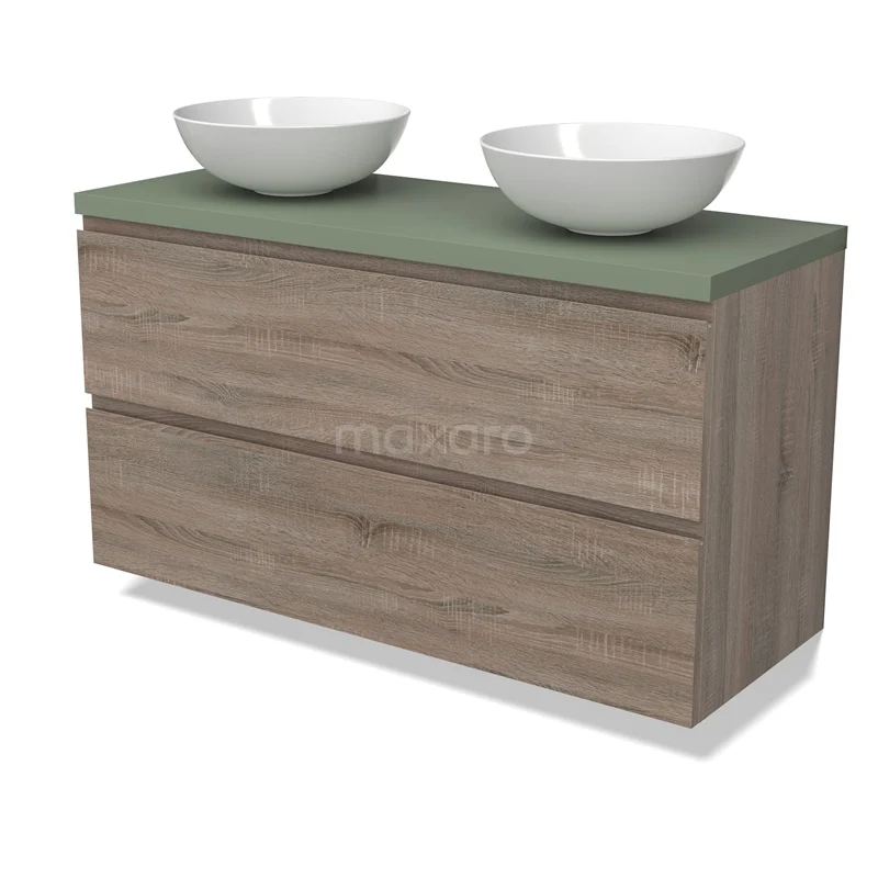 Modulo Plato Vanity units for countertop basin | 120 cm Oak Handle-less front Sage green worktop 2 Stacked drawers BMK17-02823