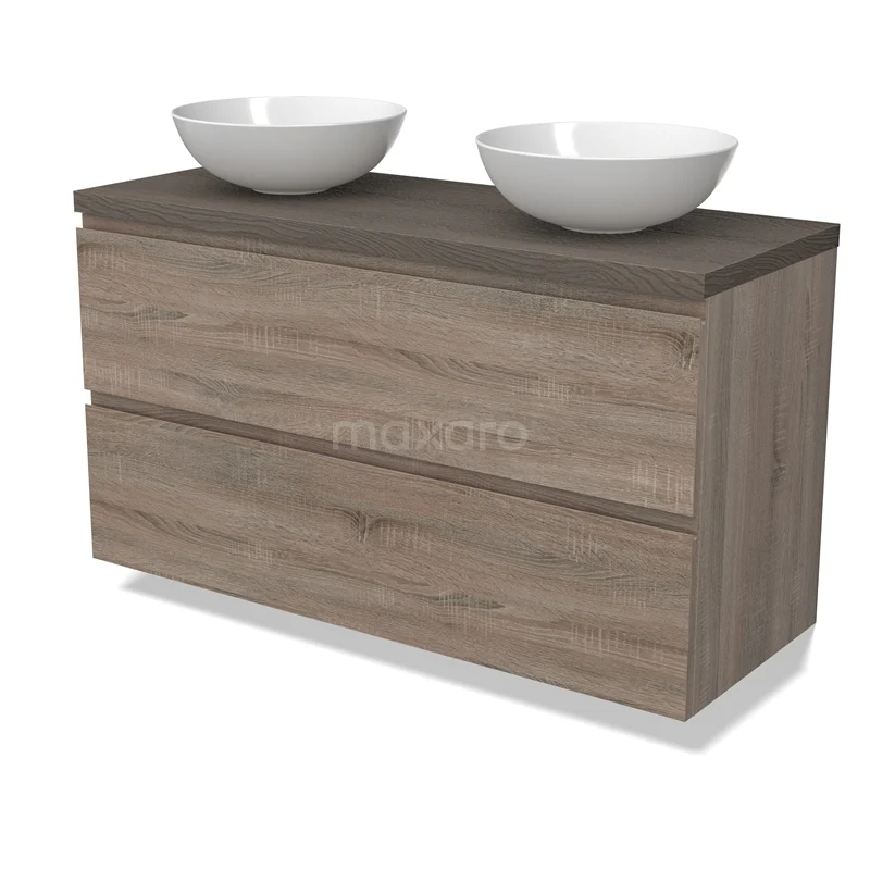 Modulo Plato Vanity units for countertop basin | 120 cm Oak Handle-less front Dark brown oak worktop 2 Stacked drawers BMK17-02829
