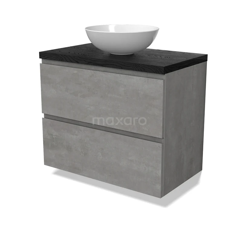 Modulo Plato Vanity units for countertop basin | 80 cm Light grey concrete Handle-less front Black oak worktop 2 Stacked drawers BMK17-02858