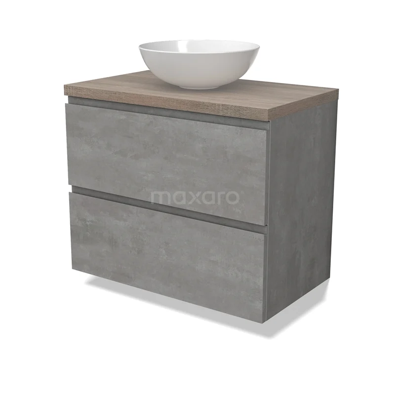 Modulo Plato Vanity units for countertop basin | 80 cm Light grey concrete Handle-less front Oak worktop 2 Stacked drawers BMK17-02859