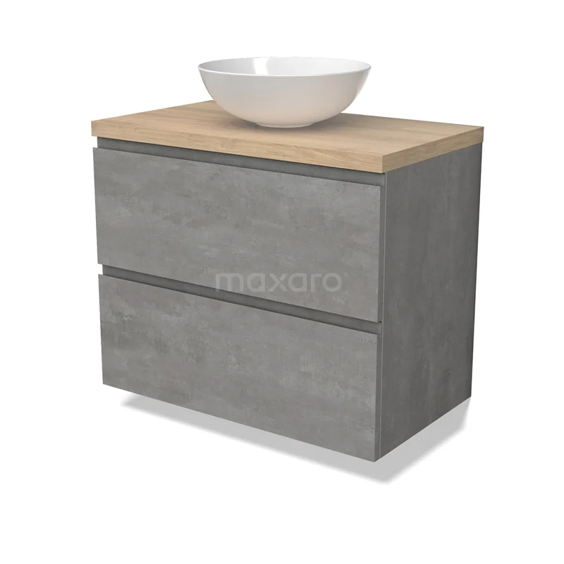 Modulo Plato Vanity units for countertop basin | 80 cm Light grey concrete Handle-less front Light brown oak worktop 2 Stacked drawers BMK17-02861